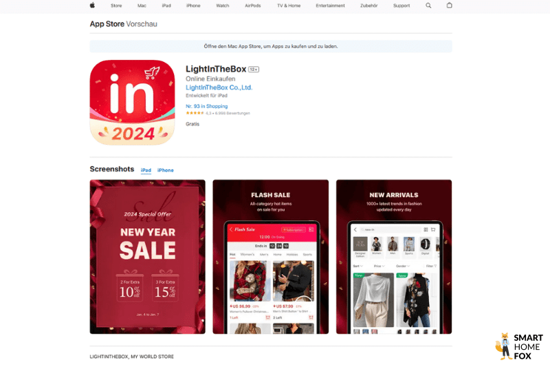 Die LightInTHeBox iOS App ist im App Store zu sehen, mit einer Bewertung von 4,3 von 5 Sternen bei knapp 7000 Bewertungen.